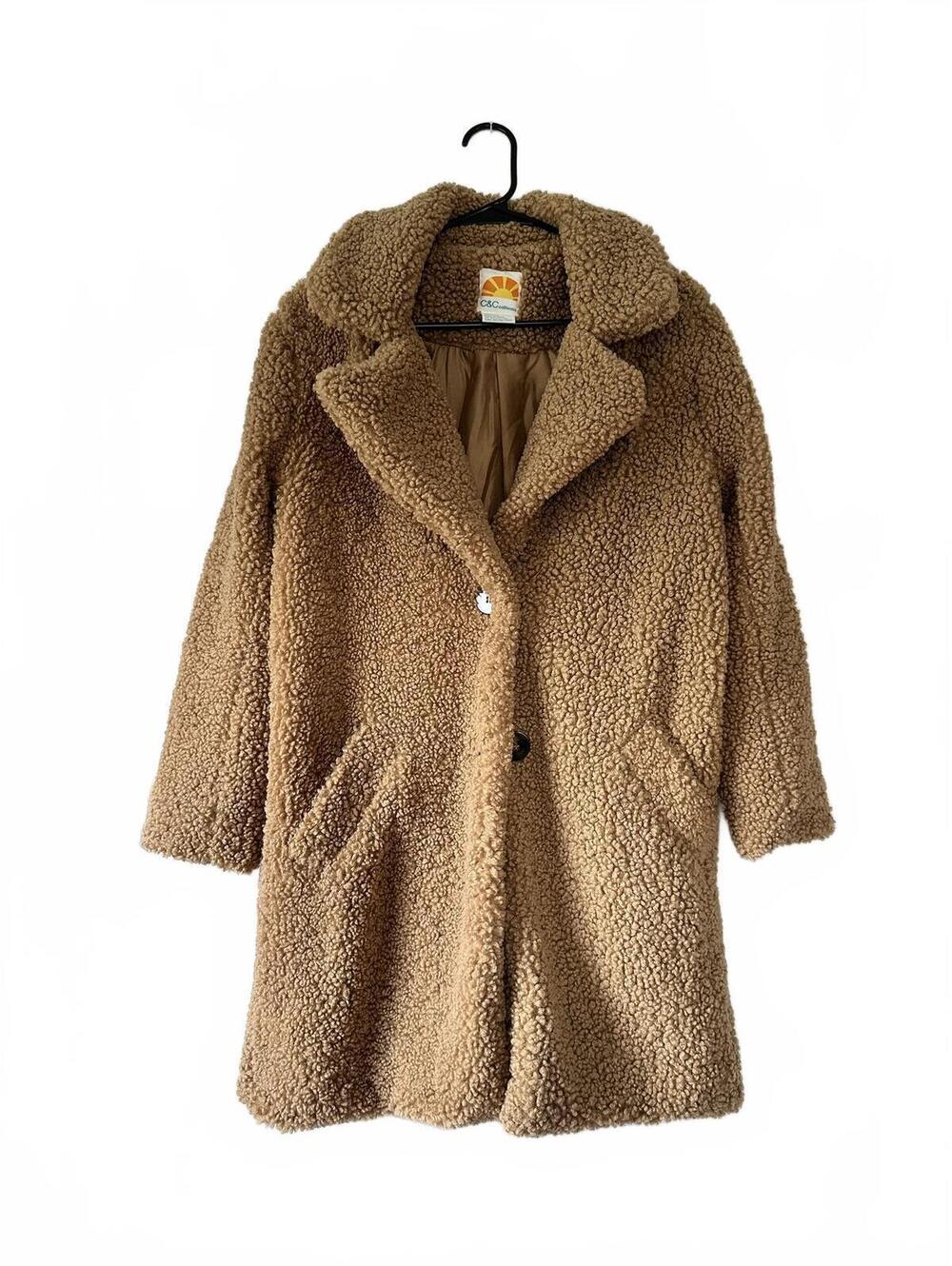 C&C California Tan Teddy Sherpa Coat Button Front Lined Long Sleeve